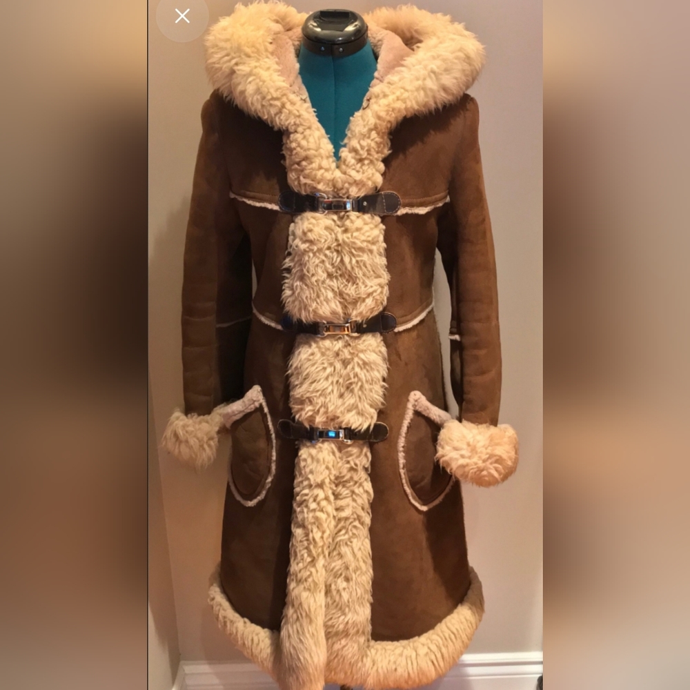 Rare Vintage Shearling Sheepskin Hooded Penny Lane Coat Size Medium